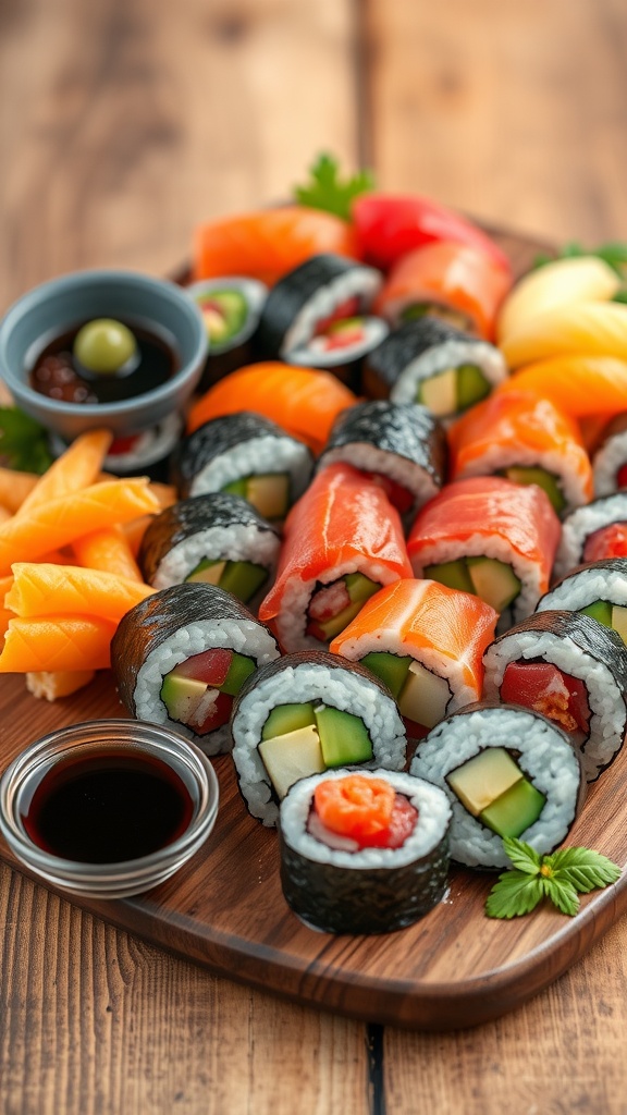 Delicious Homemade Sushi Rolls Recipe A platter of colorful homemade sushi rolls filled with fish and vegetables, served with soy sauce and garnishes.